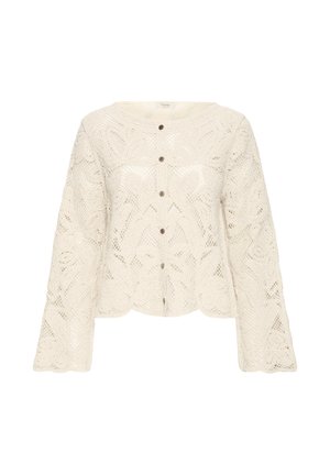 Crèmekleurige gehaakte gebreide cardigan met lange mouwen, knoopsluiting aan de voorkant en een hartvormige zoom.