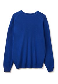 Blauer Pullover, weicher Stoff, lange Ärmel und ein runder Halsausschnitt. Besitzt ein nahtloses Rückendesign sowie gerippte Bündchen und Saum.