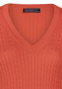 V-hals trui in fel oranje, met een kabelgebreid patroon. Het label vermeldt "FELIX HARDY" en bevindt zich op de halslijn. Maat small.