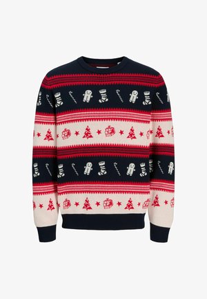 Pull en tricot bleu marine avec des rayures horizontales rouges et crème. Présente des motifs de Noël comprenant des arbres, des cadeaux et des bonshommes en pain d'épices.