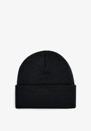 Black knit beanie with a soft texture, folded cuff at the bottom, and a seamless rounded top for a snug fit.