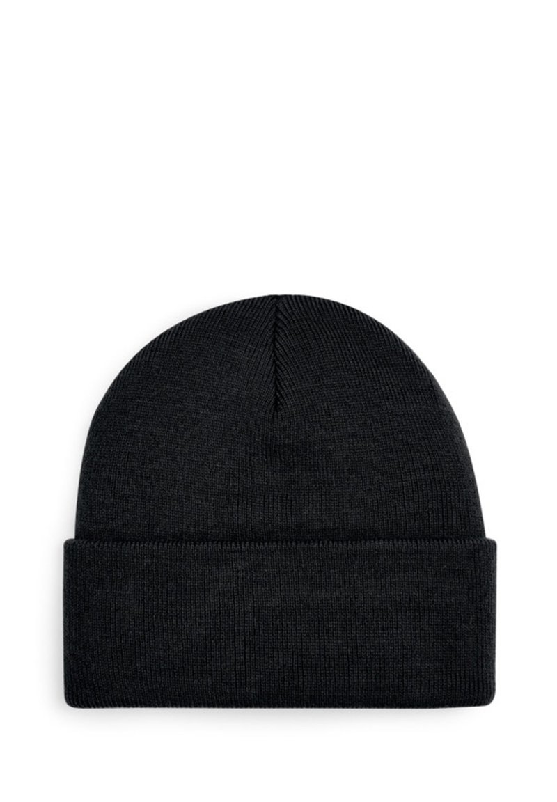 Black knit beanie with a soft texture, folded cuff at the bottom, and a seamless rounded top for a snug fit.