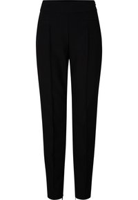 Svarta skräddarsydda byxor med smal passform, med en jämn textur, två framfickor och ett midjeband med en dold stängning.