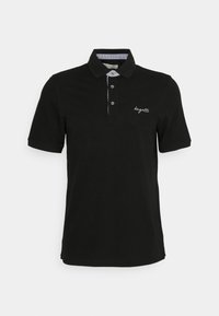 Polo shirt nera in cotone con maniche corte, con colletto e patta con tre bottoni. Logo bianco discreto sul petto.