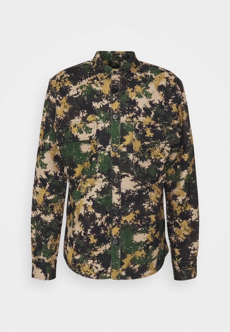 Hemd zum Zumknöpfen im Camouflage-Muster. Besitzt erdige Grün-, Schwarz- und Gelbtöne. Hergestellt aus strukturiertem Stoff mit zwei Vorderentaschen.