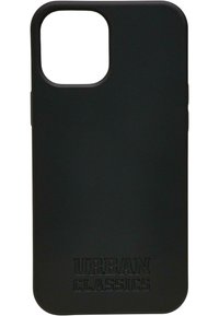Black smartphone case made of matte silicone, featuring rounded edges and a cutout for camera. "URBAN CLASSICS" embossed at the bottom.