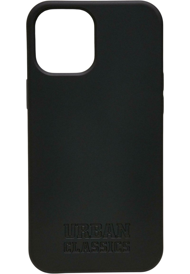 Black smartphone case made of matte silicone, featuring rounded edges and a cutout for camera. "URBAN CLASSICS" embossed at the bottom.