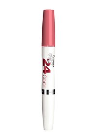 Maybelline Super Stay 24 Color läppprodukt med en vit kropp, rosa lock och metalliskt svart band. Har dubbla applikatorer för bekvämlighet.