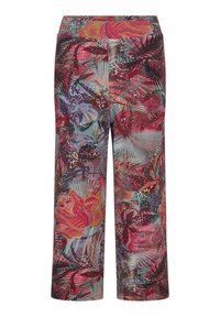 Pantalons larges avec un motif floral dans des couleurs vives incluant le rouge, le vert et le violet. Fabriqués en tissu léger avec une texture lisse.