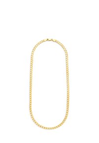 Die goldene Kettenhalskette zeichnet sich durch miteinander verbundene Glieder mit glatter Oberfläche aus. Der sichtbare Karabinerverschluss sorgt für sicheren Halt. Die Länge ist standard.