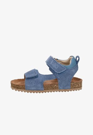 Blaue Wildleder-Kleinkind-Sandale mit zwei verstellbaren Klettverschlüssen, gepolsterter Korksohle und Fersenschlaufe für einfaches An- und Ausziehen.