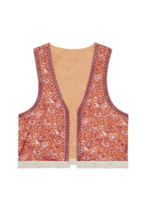Chaleco sin mangas con un estampado de paisley en tonos naranjas y rojos, con un interior beige y flecos decorativos en el dobladillo.