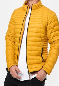 Gelbe Daunenjacke mit hohem Kragen, ausgestattet mit gestepptem Design, Reißverschluss und schwarzen Akzenten an den Taschen und dem Reißverschluss.