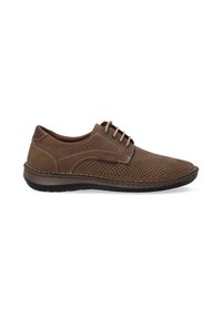 Braune Leder-Schnürschuhe mit perforiertem Obermaterial, glattem Zehendesign, kontrastierender Naht und langlebiger Gummisohle für verbesserten Halt.