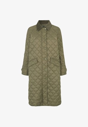Gequilted lange jas in olijfgroen, met een corduroy kraag, drukknopen aan de voorkant, twee grote zakken en een losse, rechte pasvorm.