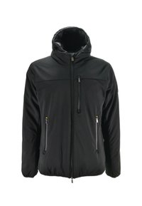 Giacca nera isolata con cappuccio, chiusura frontale con zip e tasche laterali. Presenta una texture liscia e una tasca sul petto con zip per maggiore utilità.