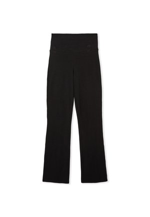 Pantalons de yoga noirs évasés en tissu extensible. Ceinture haute, texture lisse, sans motifs visibles ni détails métalliques.
