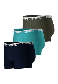 Trois paires de boxers pour hommes en bleu marine, en bleu sarcelle et en vert olive. Chacune présente une taille élastique douce avec le logo "aimend" en blanc.