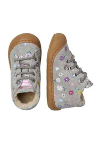 Scarpe in tela grigia con motivi floreali, punta rotonda, suole in gomma e design con lacci. Interno foderato in materiale morbido per il comfort.
