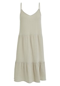 Ljusbeige bomullsklänning med spaghettiband, v-ringning och ett flerlagers, våfflat kjoldesign. Texturerad tyg med en subtil rynkeffekt.