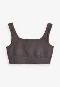 Rebrasti bralette u tamnosmeđoj boji, sa širokim naramenicama i kvadratnim izrezom. Mekana tekstura s prilagođenim izgledom.