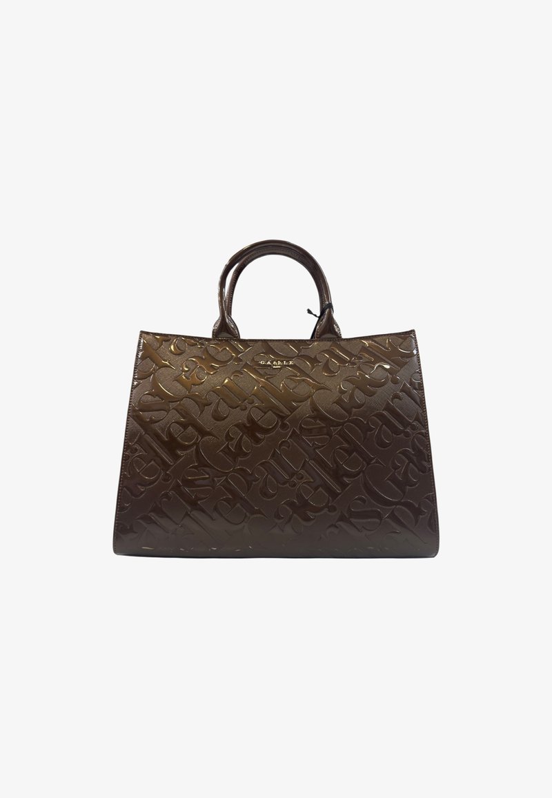 Borsa a mano in pelle effetto embossé marrone scuro con motivo ripetitivo del logo "Gaelle" e due manici corti.