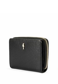 Kompaktowy czarny skórzany portfel z złotym suwakiem i małym złotym emblematem z przodu na białym tle.