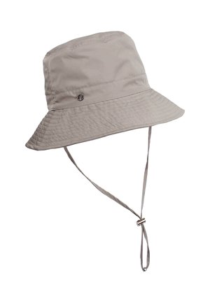 Light gray bucket hat made of fabric with a wide brim. Features a stitched detail and a chin strap with a metal slider for adjustment.
