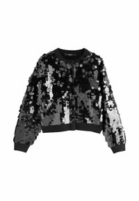 Black and silver sequin jacket with a round neckline, long sleeves, and a zip front, featuring a textured, shiny fabric and ribbed hem.