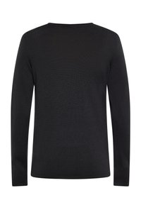 Pulover negru cu mânecă lungă și guler rotund. Fabricat dintr-un material tricotat texturat, având un design simplu și curat, fără modele sau embellishments.