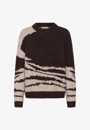 Gebreide trui in bordeauxrood en beige, met een golvenpatroon. Ronde hals, lange mouwen en geribbelde manchetten. Zachte textuur, casual pasvorm.