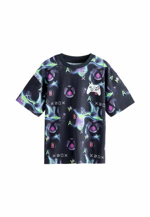 Schwarzes Grafik-T-Shirt mit bunten Xbox-Symbolen und einem Gamecontroller, mit lebhaften Mustern und einem Rundhalsausschnitt.