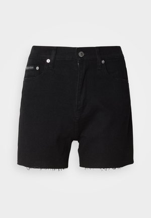 Shorts in denim nero con orlo sfilacciato, due tasche frontali, un bottone e una zip, e il logo Calvin Klein sulla vita.