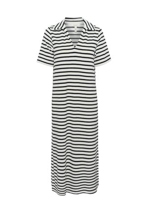 Gestreiftes Kleid in Schwarz und Weiß, mit kurzen Ärmeln, einem kragenlosen Ausschnitt und einer V-förmigen Öffnung. Aus einem weichen, leichten Stoff gefertigt.