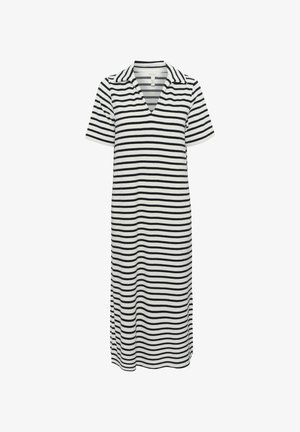 Gestreiftes Kleid in Schwarz und Weiß, mit kurzen Ärmeln, einem kragenlosen Ausschnitt und einer V-förmigen Öffnung. Aus einem weichen, leichten Stoff gefertigt.