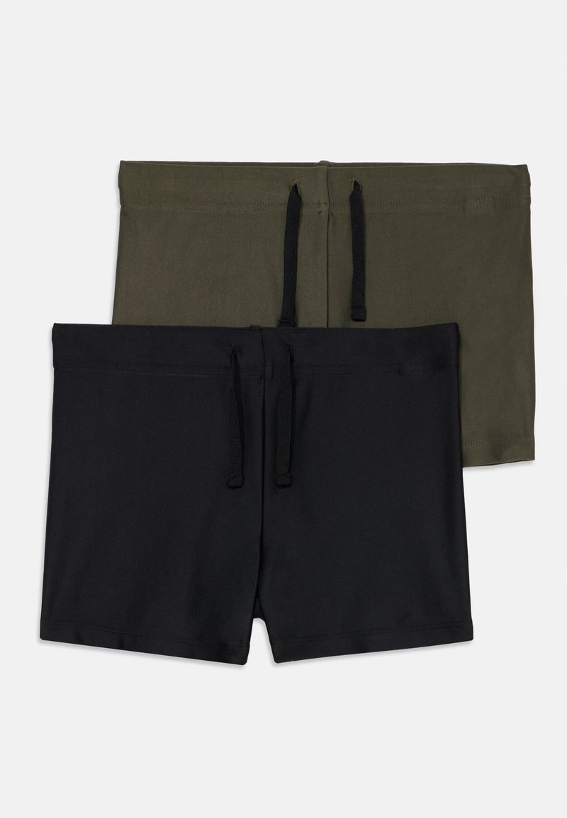 Deux paires de shorts de bain : un olive, un noir. Ambos présentent une taille élastique avec un cordon de serrage et un tissu lisse et extensible.