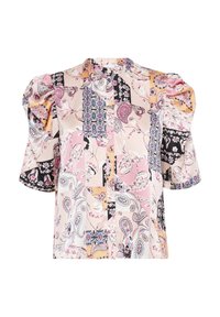Blouse à manches courtes en tissu léger, présentant un design patchwork avec des motifs cachemire et floraux dans des tons de rose, noir et jaune.