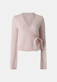 Cardigan avvolgente rosa chiaro realizzato in materiale morbido, caratterizzato da maniche lunghe, scollo a V profondo e una cintura laterale per una vestibilità regolabile.