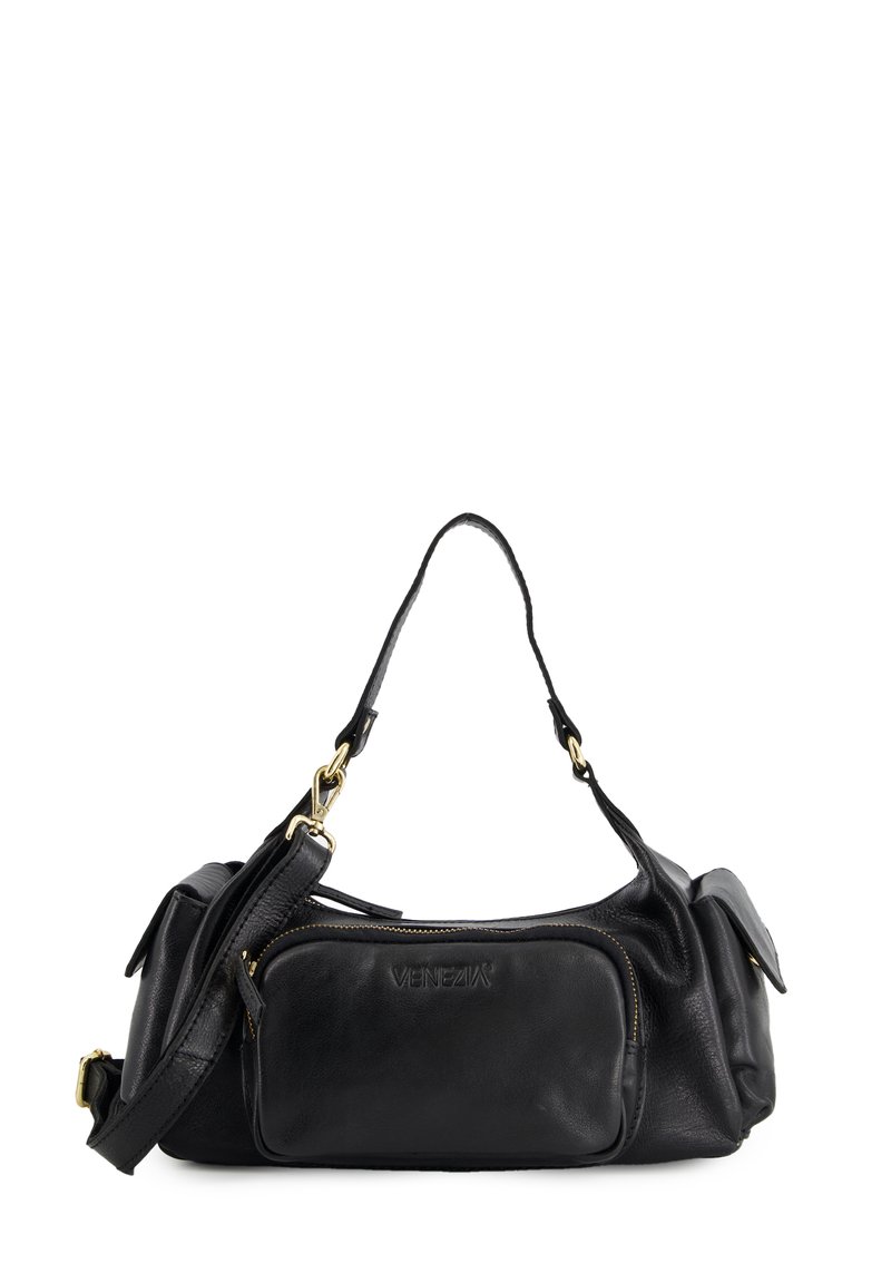 Black leather shoulder bag with gold hardware, front zip pocket labeled "Venezia," and additional side pockets, isolated on white background.