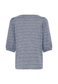 Blouse à manches courtes à motif carreaux bleu marine et blanc, avec un col carré et des manches légèrement bouffantes, fabriquée en tissu léger.
