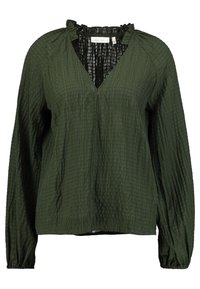 Blusa verde, strutturata, con scollatura a V, maniche lunghe e decorazioni arricciate al collo, realizzata in tessuto leggero e stampato.