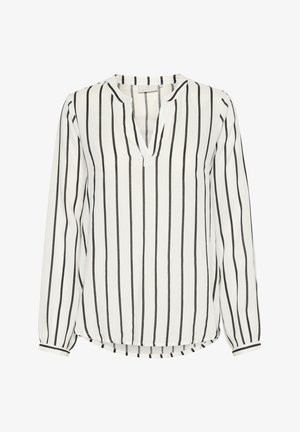 Valkoinen pitkähihainen paita mustilla pystysuorilla raidoilla, V-maainen kaula-aukko ja nappidetaljit hihoissa. Materiaali näyttää kevyeltä ja sileältä.