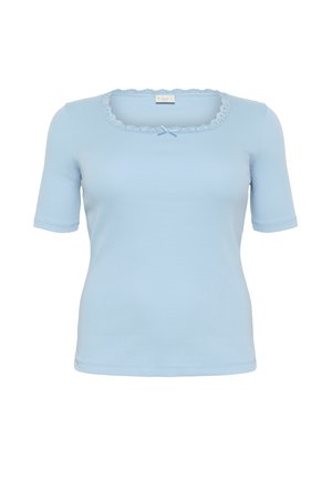 Light blue short-sleeve t-shirt made of cotton, featuring a scalloped lace neckline and a small blue bow accent at the center.