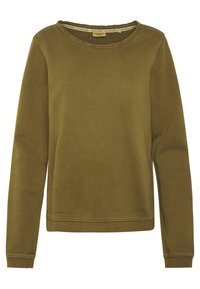 Olijfgroene lange mouwen crewneck sweatshirt met geribde manchetten, eenvoudige zoom en klein rond logo op de bovenste linkerborst.