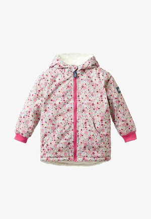 Vaikiška gobtuvų striukė su rožinėmis, raudonomis ir baltomis gėlėmis, rožinė užtrauktukas ir rankogaliai, taip pat minkšta balta pūkuota pamušalas.