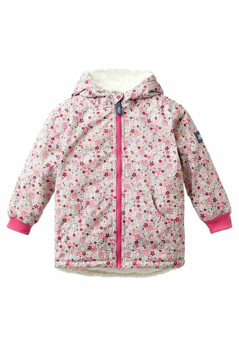 Jachetă cu glugă pentru copii, cu un model floral în nuanțe de roz, roșu și alb, fermoar și mansete roz, și căptușeală din fleece alb moale.