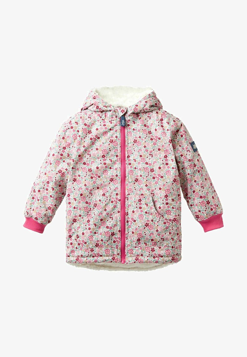 Vaikiška gobtuvų striukė su rožinėmis, raudonomis ir baltomis gėlėmis, rožinė užtrauktukas ir rankogaliai, taip pat minkšta balta pūkuota pamušalas.