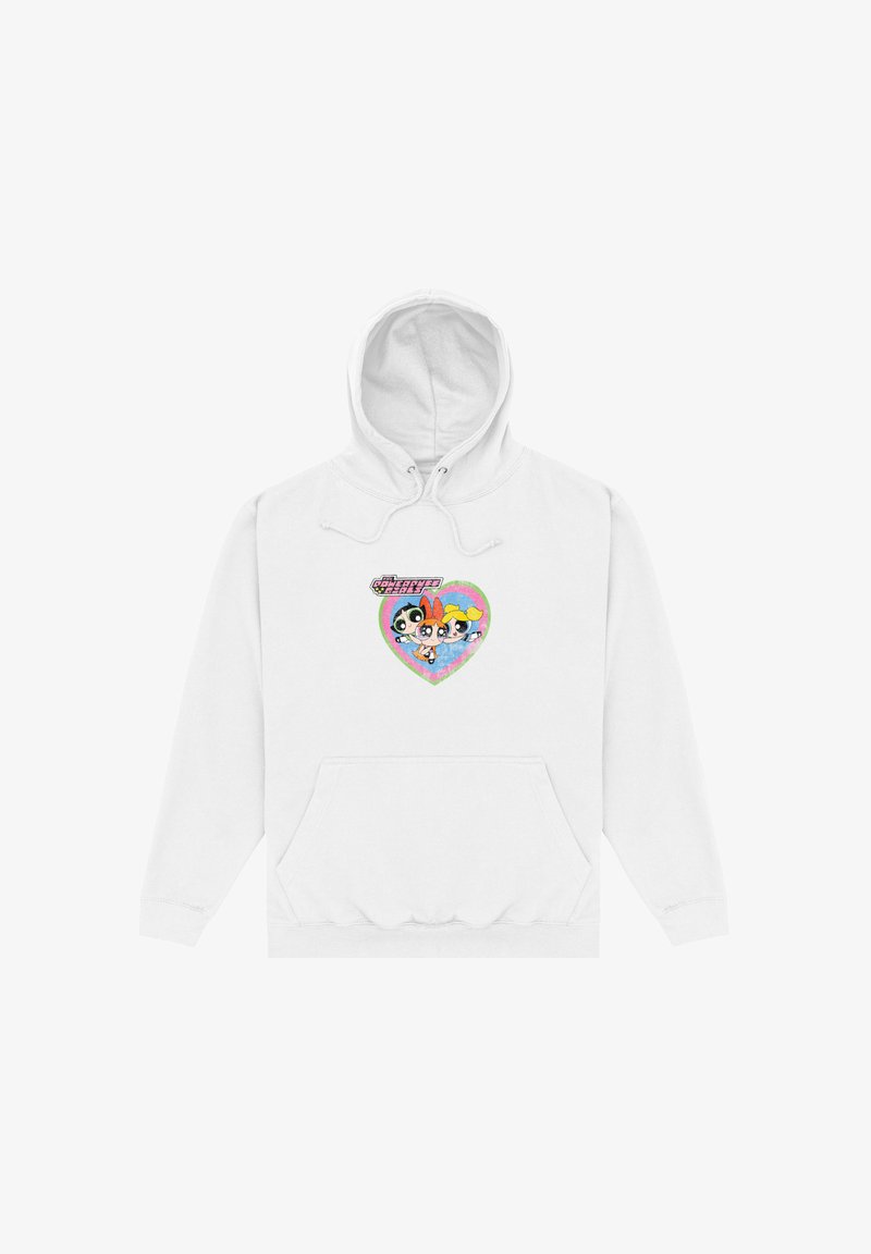 Sudadera blanca con un bolsillo frontal. Presenta un gráfico de tres personajes de dibujos animados dentro de un corazón, con un fondo colorido y texturizado.
