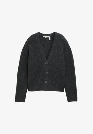 Cardigan gri închis, fabricat din lână moale, cu decolteu în V, mâneci lungi și patru butoane negre în față. Material texturat.