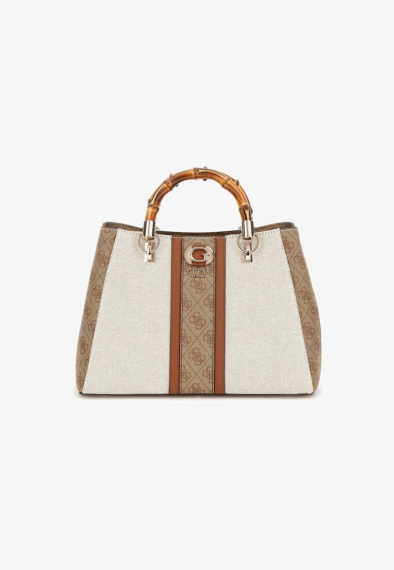 Beige strukturierte Handtasche mit einem Bambusgriff, zwei Akzenten aus silberfarbenem Metall und einem zentralen Logo mit braunen senkrechten Streifen.
